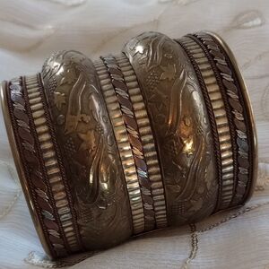 Engraved Cuff Bracelet. Brass Copper Mixed Metal. Vintage Boho India.